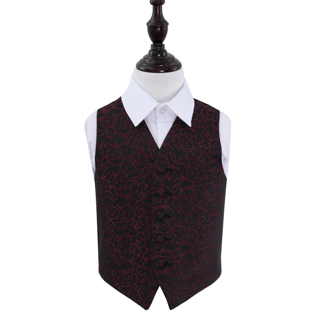 DQT Woven Swirl Patterned Black Burgundy Page Boys Wedding Waistcoat 2-14 Years