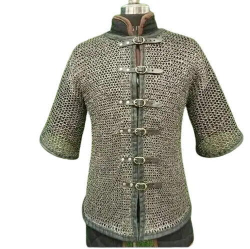 Medieval Chainmail Shirt Half Sleeve Flat Riveted Ring Leather Trim Handmade SCA