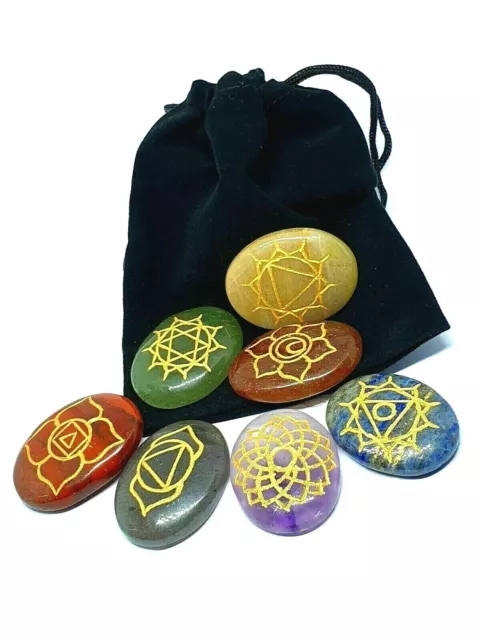 7 Chakra Gemstone Oval Set of Carved Crystal Engraved Genuine Gem & Pouch