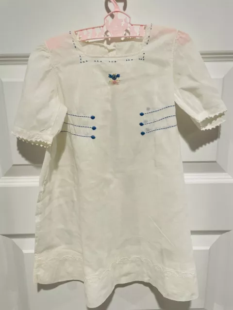 Vintage White Baby Dress With Blue Embroidery
