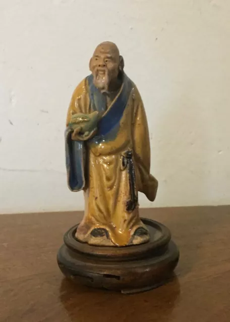 Antique Chinese Pottery Mud Man Figure Immortal on Carved Wood Base or Stand