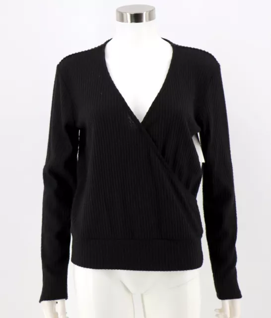 Gibson NEW Thermal Knit Surplice Top Size XS Black Ribbed Faux Wrap Womens