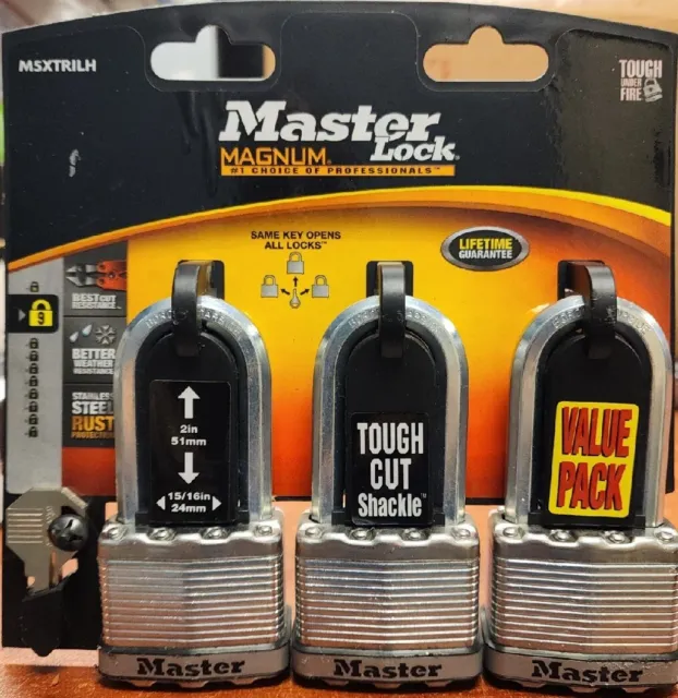 Master Lock Magnum 3 Pack M5Xtrilf 2" H 15/16" W ~ 2 Keys Keyed Alike Brand New