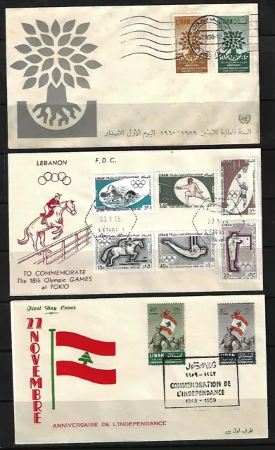 LEBANON 1959 60 THREE FDCs OLYMPIC GAMES REFUGEE YEAR & INDEPENDENCE W/CACHETS