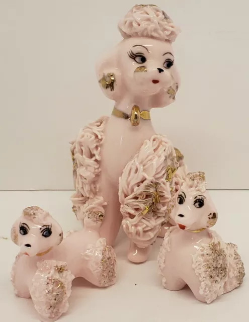 1 Pink Spaghetti Poodle & 2 Puppies~Mcm National Potteries~Cleveland, Made Japan