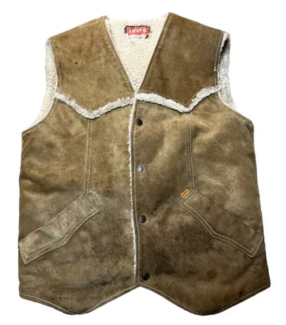 VINTAGE Levis Sherpa Vest Adult Medium Brown Suede Mens 70s