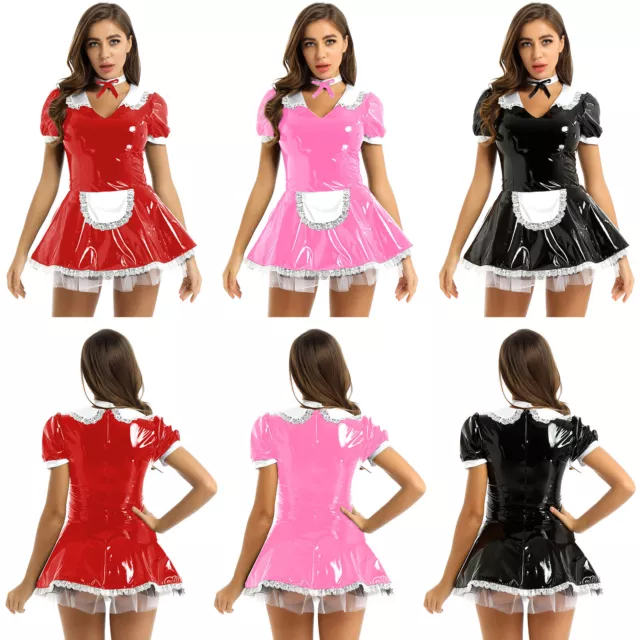 Women's French Maid Costume PVC Leather Wet Look Carnival Cosplay Fancy Dress