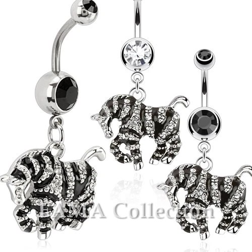 FAMA Black Enamel & Paved CZs Zebra Dangle Navel Belly Ring 316L Surgical Steel
