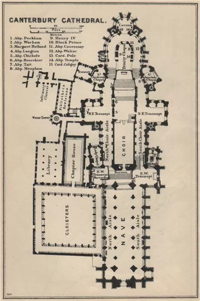 Canterbury cathedral floor plan. Kent 1939 old vintage map chart