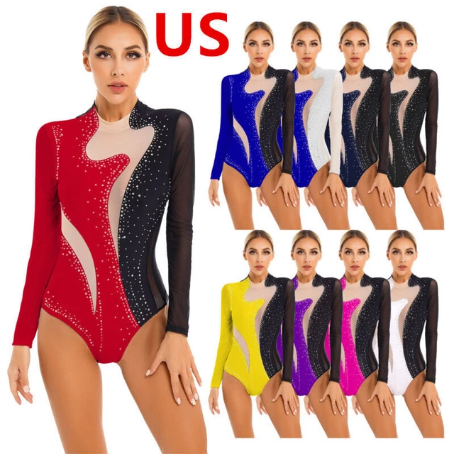 US Women Leotards Shiny Long Sleeve Dance Costume Ballet Gymnastics Bodysuit Top