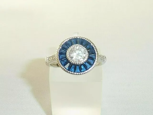 Ladies Handmade Halo Style 925 Sterling Solid Silver Blue & White Sapphire Ring