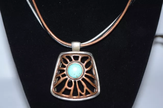 Chico's Womens Choker Necklace Pendant Faux Turquoise Aztec Tri Color Leather