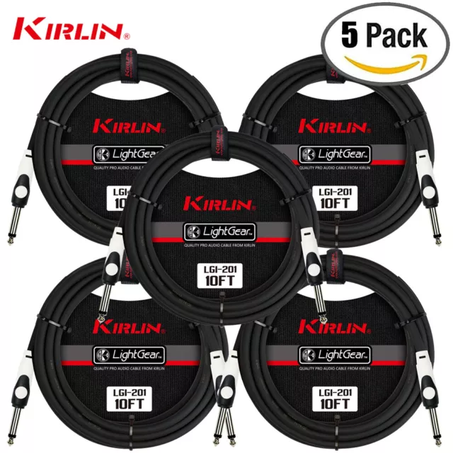 5-Pack Kirlin 10 ft Guitar / Instrument Patch Cable 1/4" PLUS Free Cable Ties