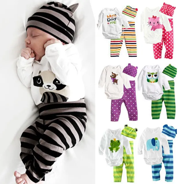 Baby Boys Girls Newborn Long Sleeve Romper Tops + Pants + Hat Outfit Clothes Set