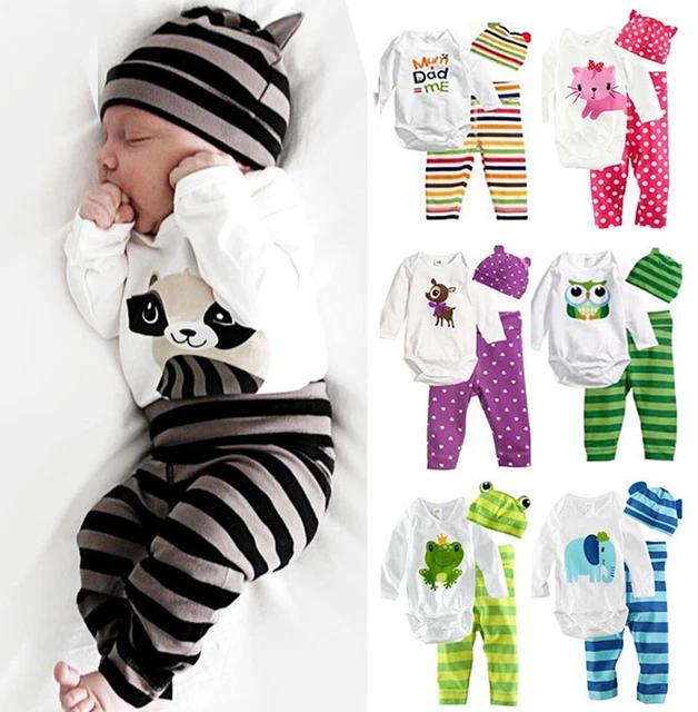 Newborn Baby Boys Girl Infant Clothes Romper Tops + Pants + Hat Outfits 3pcs Set