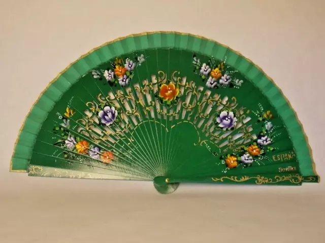 Sevilla Espana Folding Hand Fan Hand Painted Bamboo Panels Floral Emerald Green