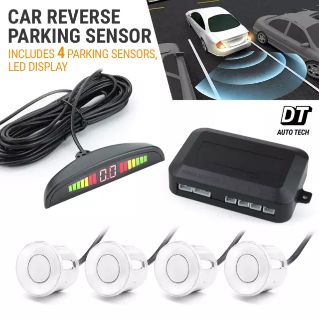 4 Parking White Sensors LED Car Backup Reverse Rear Radar System Alert Alarm Kit