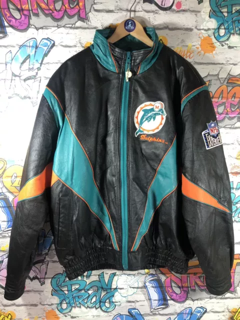 Vintage Miami Dolphins Genuine Leather Jacket Men's Size Large Pro Player NFL