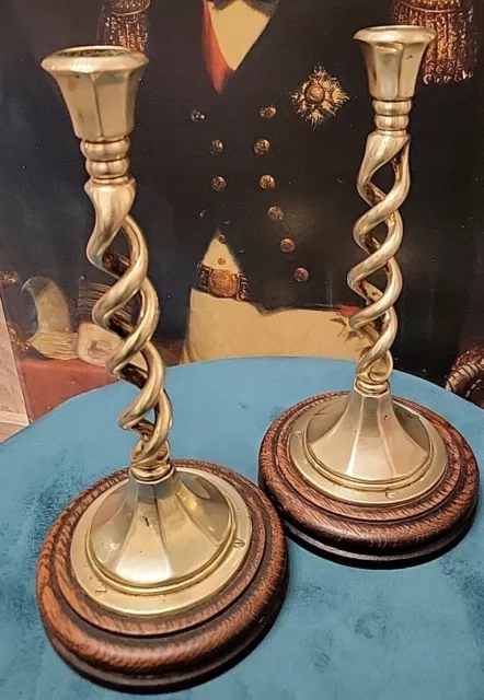 Rare Victorian Pair Large Solid Heavy Brass Barley Twist Candlestick  Oak Bases