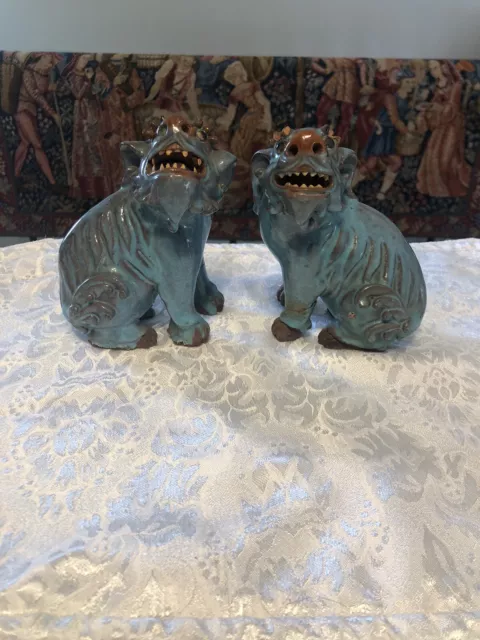 Rare Pair of Chinese Shiwan Foo Dogs Glazed Turquoise Pottery Antique.