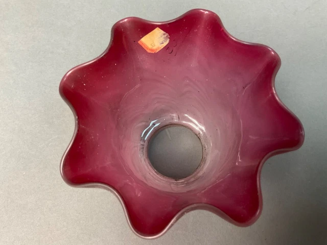 VINTAGE ANTIQUE GLASS LAMP Bell SHADE - 2.25” FITTER  Cranberry Ruffled Edge 5