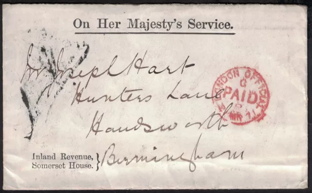 Postal History, 1871, Red London Official Post Paid, Somerset House.