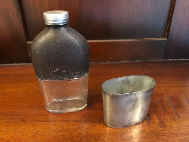 Antique Victorian Glass and Leather and Pewter Hip Flask stamped HAG & Co., Ltd.