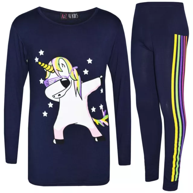 Kids Girls Rainbow Unicorn Dab Floss Navy Top & Legging Xmas Outfit Set 7-13 Yrs