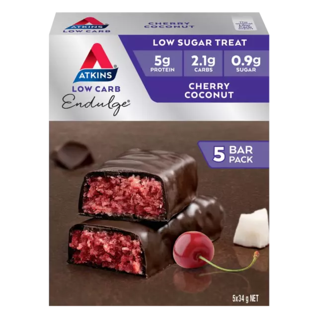 Atkins Low Carb Endulge Bars 5 x 34g Cherry Coconut High Protein Low Sugar Treat
