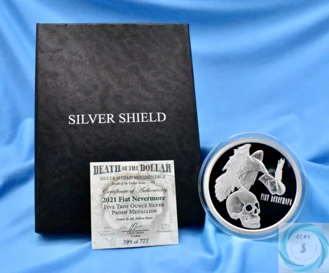 2021 5oz Silver Shield Mini Mintage Fiat Nevermore Proof Round