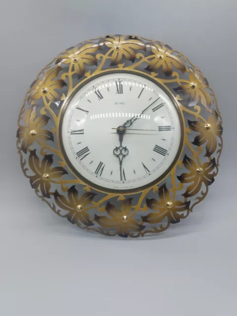 Vintage 1960s-1970s English Metamec Circular Brass Floral Fretwork Wall Clock