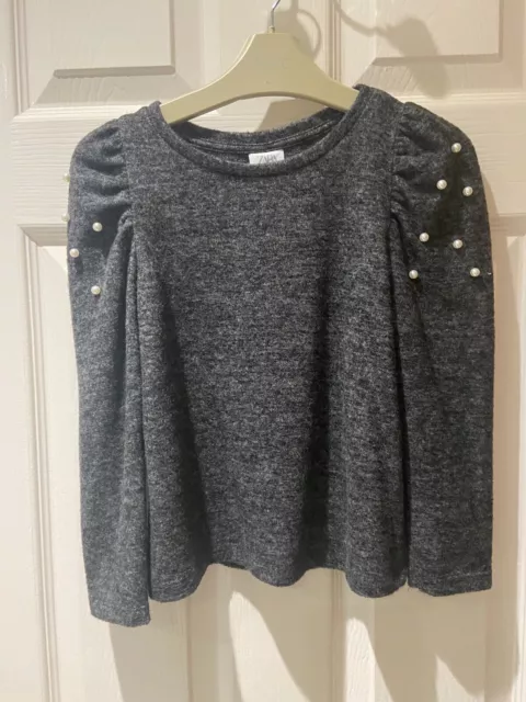 Zara Girl's Grey Puff Sleeve Sweater with faux Pearls 7 years 122cm BNWT