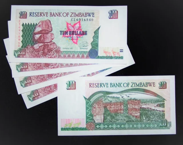 5 x Zimbabwe 10 dollar banknotes (1997)-Uncirculated & consecutive currency