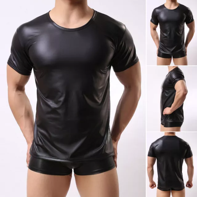 Herren T-Shirts PU Leder Unterhemden Shirt Wet Look Schwarz Top Muskel Shirt