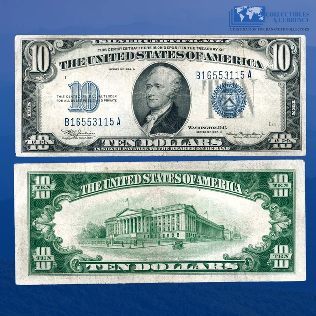 1934A $10 Ten Dollars Silver Certificate Blue Seal, VF Condition #53115