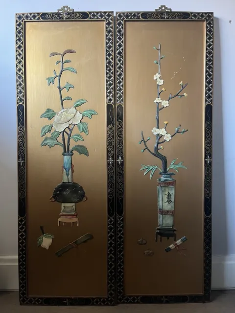 Pair Of Vintage Chinese Lacquered Wooden Panel