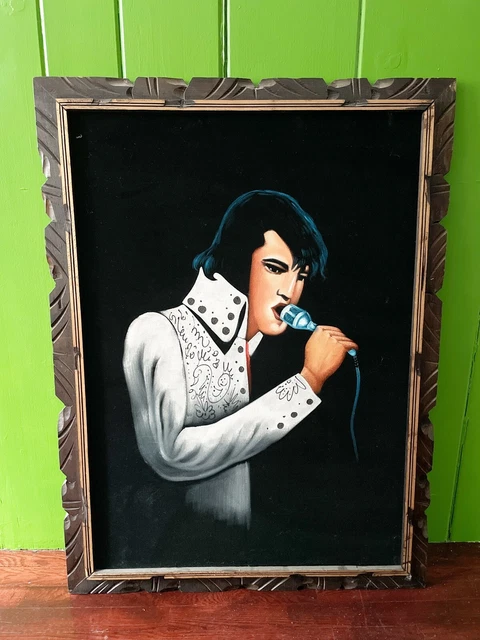 LARGE 29X39 VINTAGE ELVIS VELVET PAINTING wood frame wall