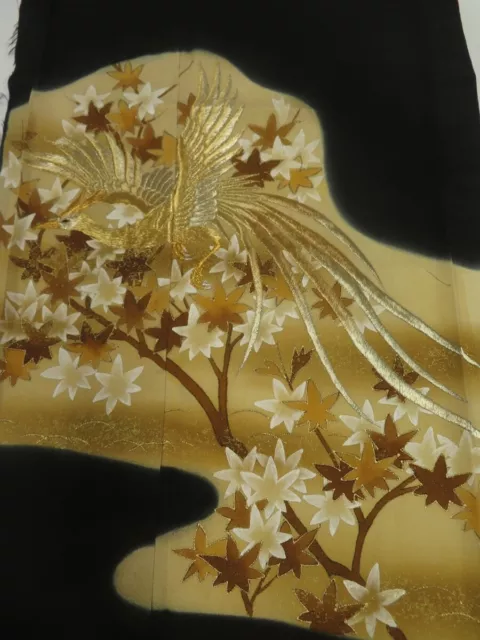 3A01z100 Vintage Japanese Kimono Silk  FABRIC Black Bird 40.9"
