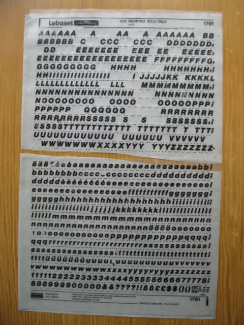 1 x Letraset Upp/Low & Num HELVETICA BOLD ITALIC  24pt 6.5mm Sheet 1791  (bb)b