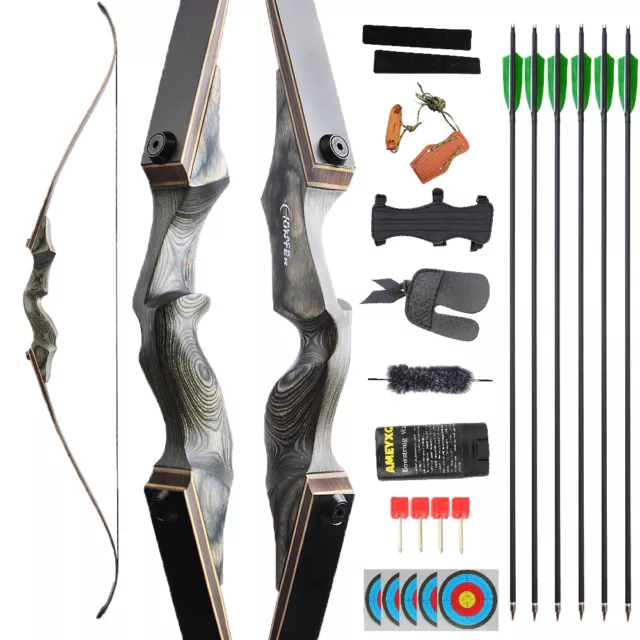 60" Recurve Bow Arrow Kit 20-60lbs Archery Wooden Takedown Bow Riser Hunt Shoot