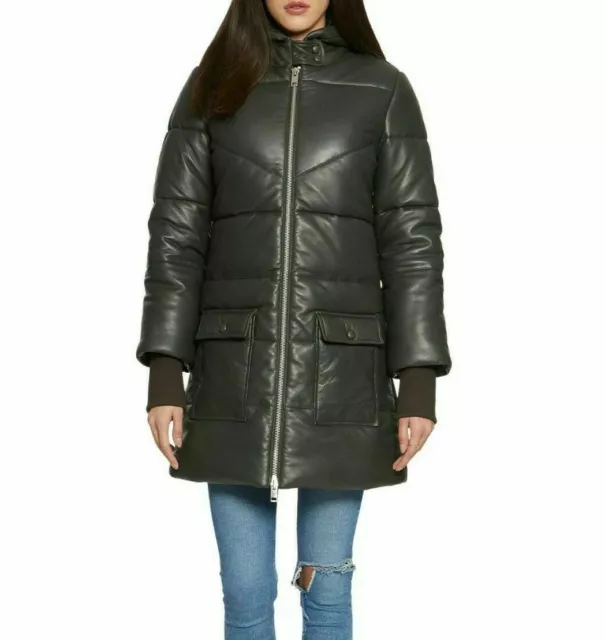 WALTER BAKER WOMEN'S Quilted Leather Hooded Puffer Coat Jacket Olive ...