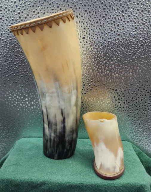 Real Ox horn tankard + leather and wood & primitive style horn shot glass viking