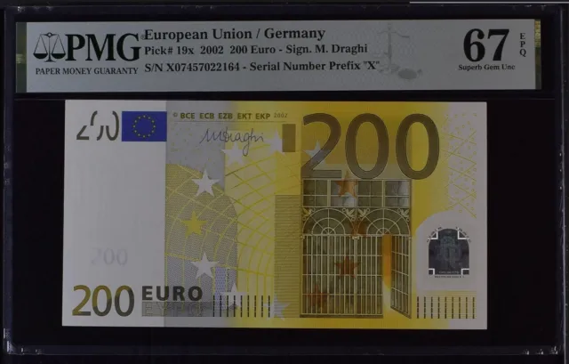GERMANY 200 Euro 2002 X-serie, Draghi Sign, PMG 67