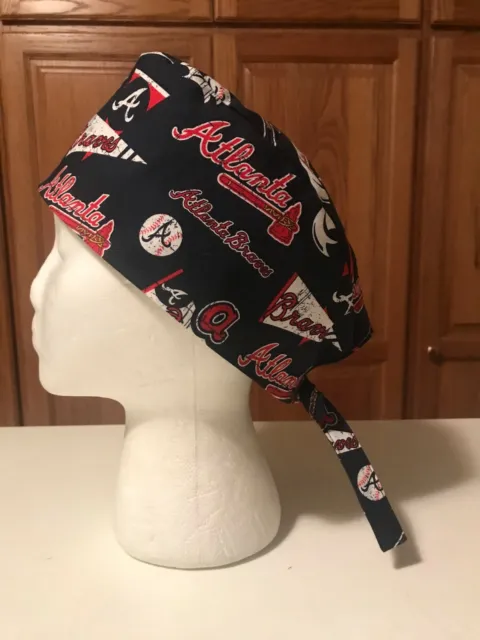 Scrub or Chef Hat Medical Nursing Chemo Skull Cap Atlanta Braves Cotton Fabric 2
