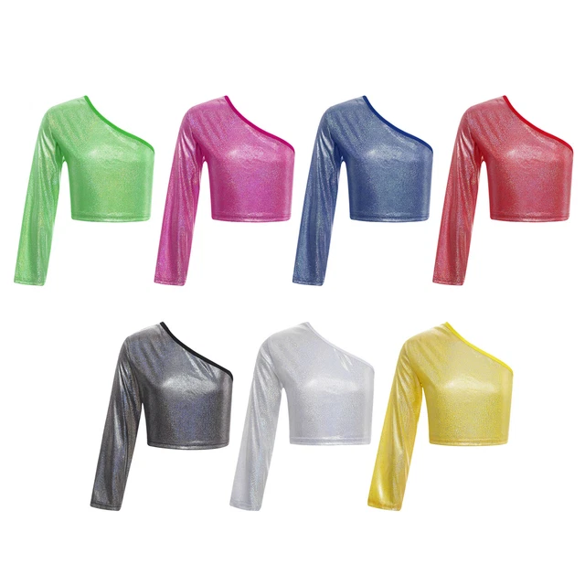 Boys Girls Sparkling One Shoulder Crop Top Jazz Hip Hop Street Dance T-Shirts
