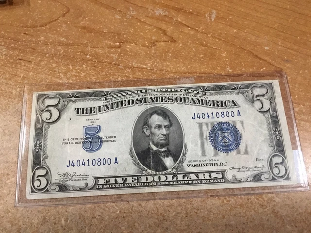 1934-A SERIES $5 Silver Certificate-Misaligned-Blue Seal-0800 A