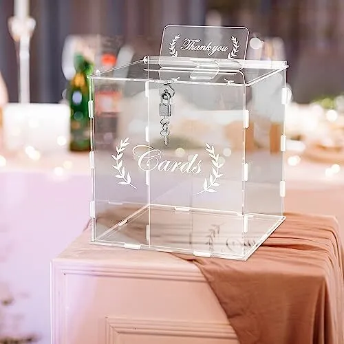 2 Pieces Acrylic Wedding Card Box Large Clear Card Box with Lock Slot Envelop...