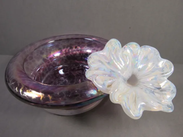 Art Glass Votive Candle Holder Trinket Dish Purple & Applied Opalescent Petunia.