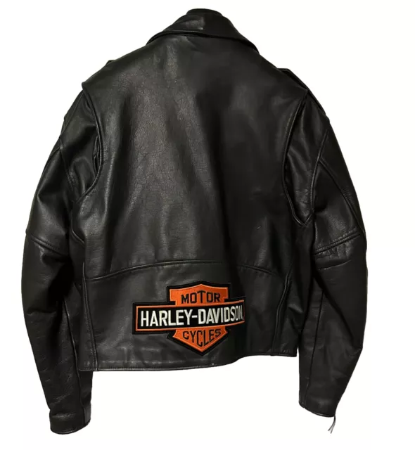 Unik Mens Vtg Leather Motorcycle Jacket Black Belted Harley Davidson Patch Sz 46 2