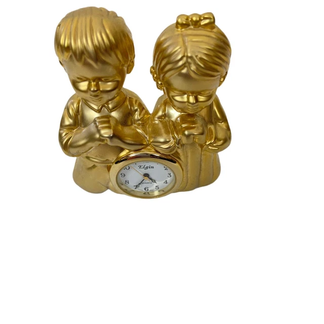 ELGIN PRAYING MINI Clock Vintage Gold Tone Boy & Girl 12 Hours Dial